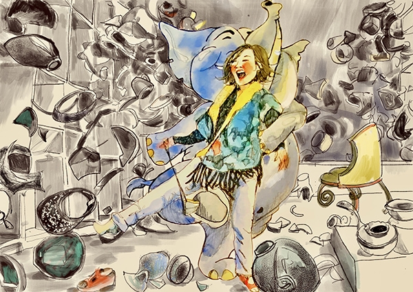 大學課程其中一項作業，是將德國諺語圖像化。這幅「瓷器店裡的大象」，指的是得意忘形、手舞足蹈的樣子。莊祖欣笑說，自己個性容易失心瘋，有時也像瓷器店裡的大象！