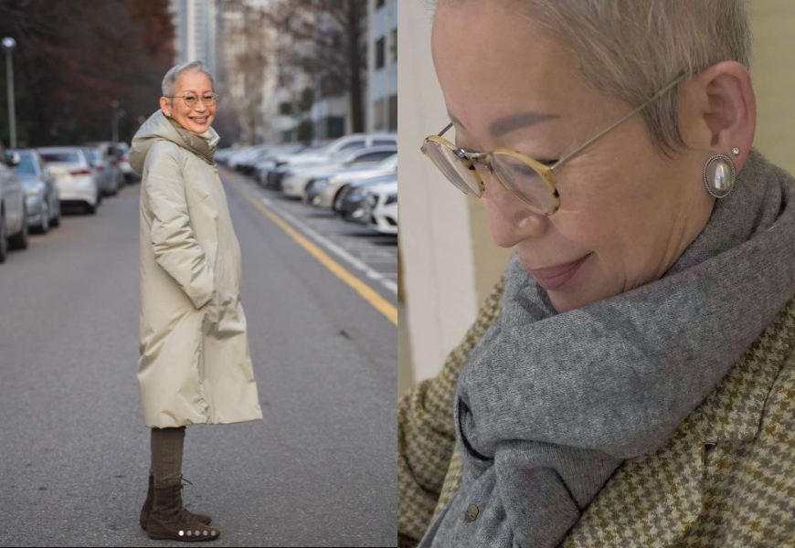 未經修飾的極短白髮，更顯張明淑的優雅氣質。（圖片來源：IG@ mila_no_nna）