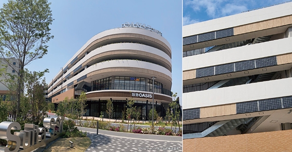 （左）Suita SST內有商業設施「阪急OASIS」，建築物外牆上設有太陽能電板。（出自Panasonic官網）