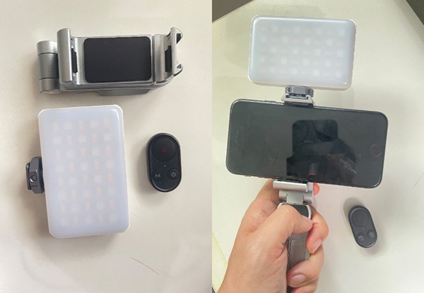 摺起來只有手掌大小的小腳架、藍牙按鈕與燈，是阿默推薦手機拍照3套件，不限品牌，只要去找功能符合自己需求的即可。（阿默提供）