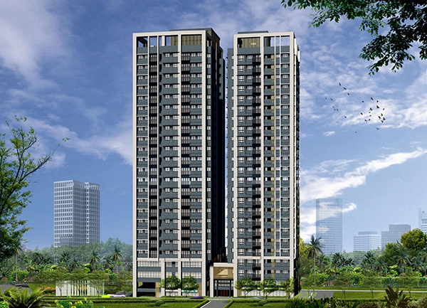 永和信義段都更建物外觀及環境模擬圖，從圖上可看出建物四周設有綠化空間。