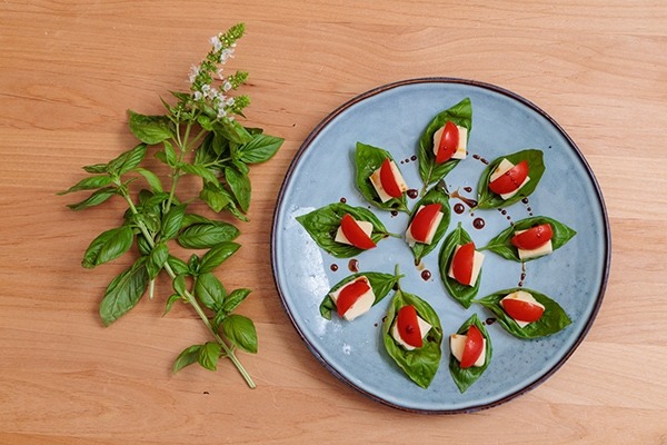 劉雨青將羅勒、Ｍozzarella起司、番茄組合成義式經典卡布里沙拉。