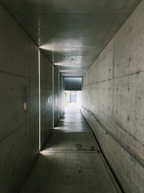清水混凝土的廊道開著細長開口。