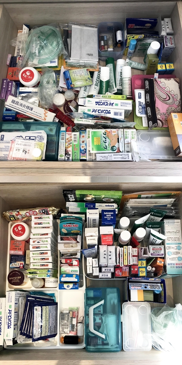 基礎藥品是全家人都需要知道位置的物品，建議收在公共區域。不一定要添購收納用品，利用藥品本身的紙盒也可以當作分類的小盒子。（圖片來源：四塊玉文創）