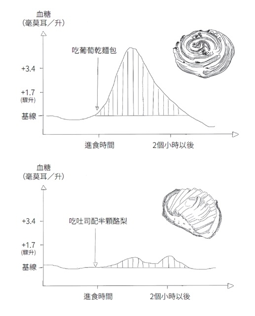 要做一頓健康的早餐，就準備鹹味食物。兩頓卡路里相同的早餐對血糖（以及胰島素）濃度的影響截然不同。在前一頁的圖表中，含澱粉和糖的早餐會導致體重增加和發炎，而且吃完以後，不久又會感到飢餓。含澱粉和脂肪的早餐（下圖）沒有這些副作用。