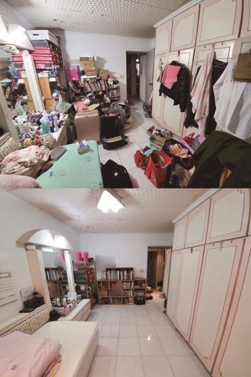 物品數量一多，就容易顯得雜亂（上圖）。經過整理之後（下圖）將所有的平台、檯面都淨空，惟獨化妝台上特意留下各種藥妝品，提醒自己已經買太多了！