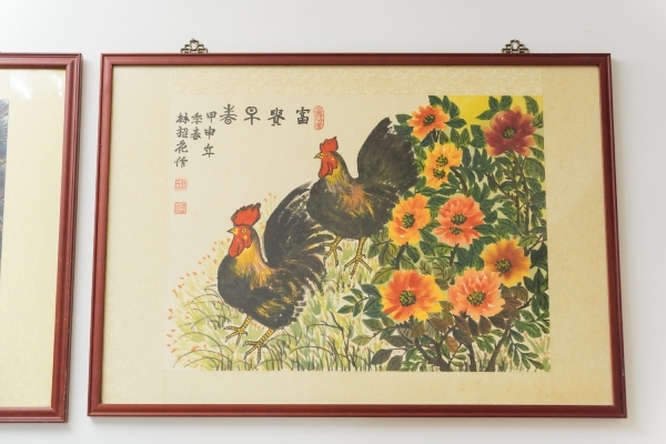 這幅〈富貴早春〉是劉林招花的畫作，一如其人生機蓬勃。