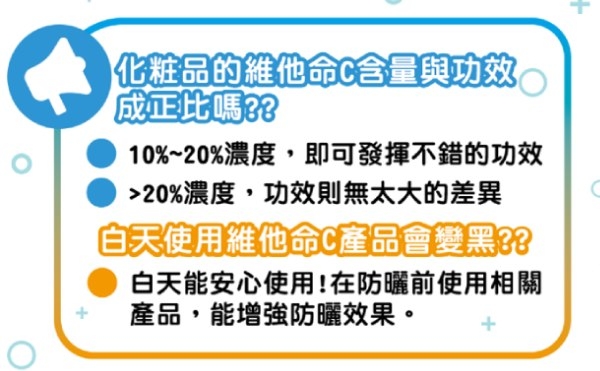 維他命C的濃度不是愈高愈好，只要在10%~20%間就會有效果。