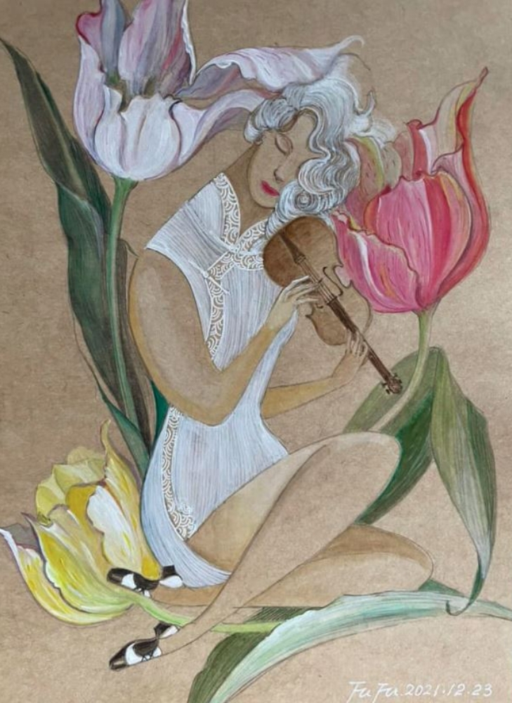 這幅畫作刻意放大旗袍女子的手臂與大腿，反映傅子菁認為放大優點比遮醜更重要的思維。（圖片來源：傅子菁）