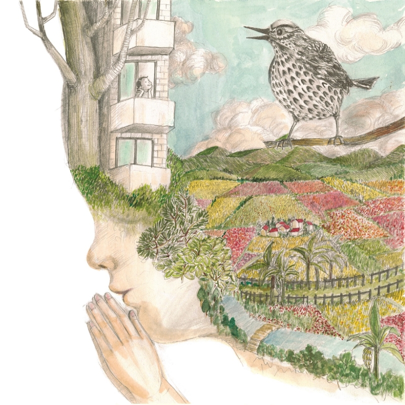 在大溪租下的房子，田野風光盡收眼底，驅使傅子菁畫下這美好的一切。（商周出版提供）