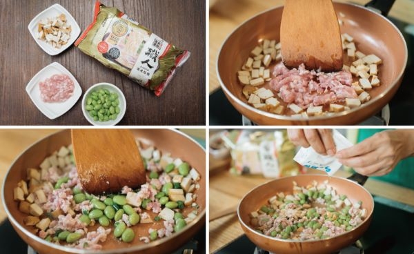 豆干、毛豆加肉末，做法簡單，味道濃郁且百吃不膩。