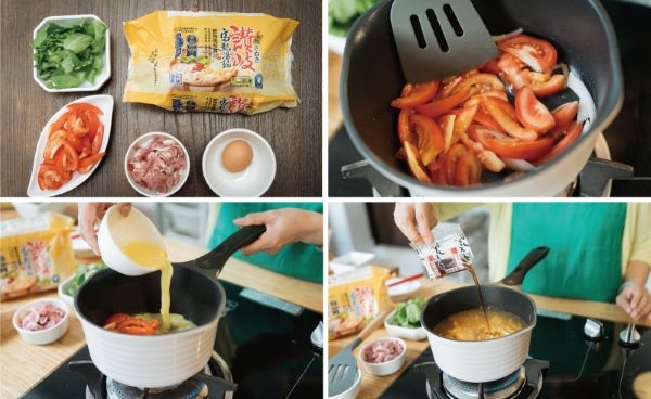 利用番茄、雞蛋與南僑讚岐急凍烏龍麵自己做家常湯麵，10分鐘快速上桌。