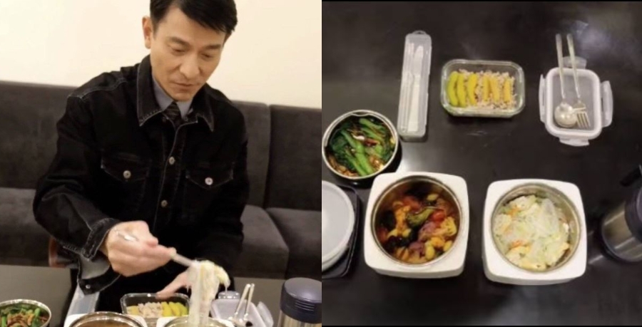 劉德華在影片中分享他的素食晚餐，堅持只吃7分飽，圖中餐點最後並未完食，非常自制。（出自劉德華微博影片）