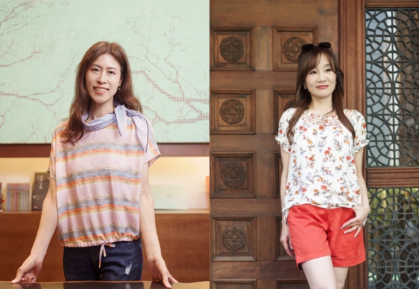 富有知性美的佩蓁(左)嘗試了成套的Diffa穿搭、活潑的Jennifer(右)則為en-suey詮釋出甜美感。