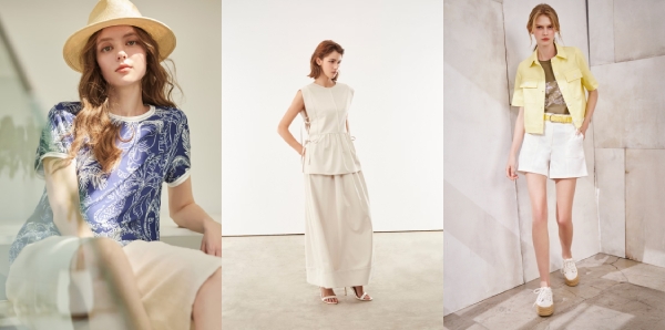 由左至右 Diffa椰子樹圖騰花上衣、apercu寬下擺側綁帶上衣、Le Polka簡約亮色短版襯衫。