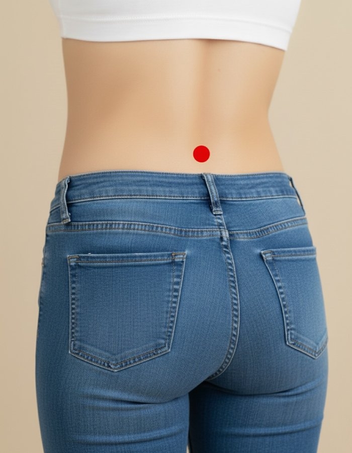 命門穴位於腰部正後方，與肚臍相對的脊椎凹陷處。（圖片來源：AI製圖）