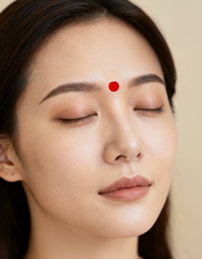 印堂穴位於臉部眉心處。（圖片來源：AI製圖）