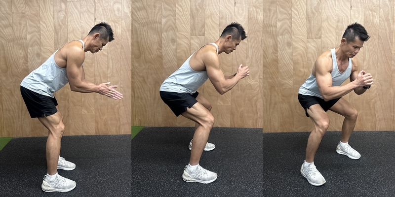 正確的深蹲步驟：先穩定核心部位後，慢慢保持重心、屁股和膝蓋同步彎曲。（圖片來源：甘思元）