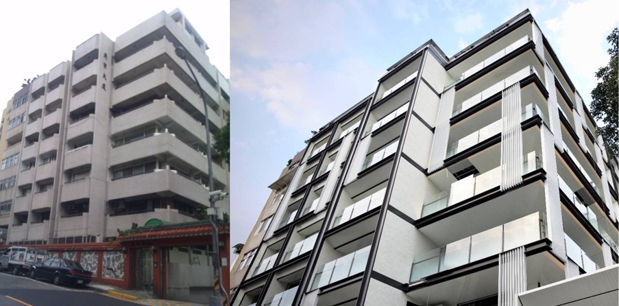 整建前燕京大樓外牆老化陽台結構疲弱，整建後外觀明亮簡約，補強完成，住起來更安心