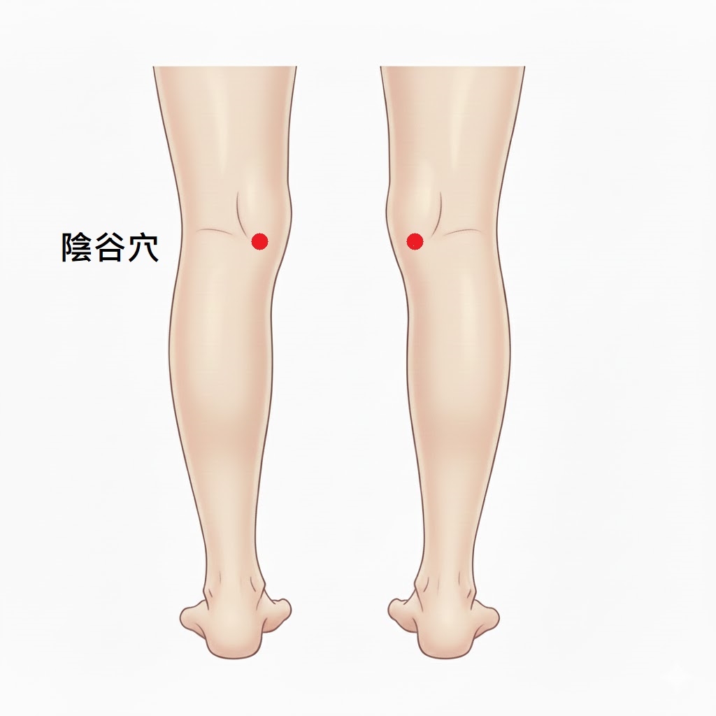 陰谷穴位於膝蓋關節後方橫紋處的內側。（圖片來源：AI生成及後製）