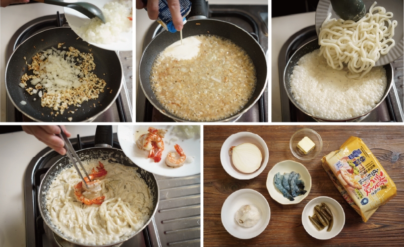 即使是經典的奶油鮮蝦義大利麵，加入台灣常見的剝皮辣椒就能迸發新滋味。