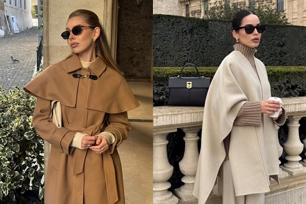 斗篷披肩款式的大衣，一穿上就有帥氣俐落感。（圖片來源：IG@loveandroses（左）、IG@styleclosetstories（右）
