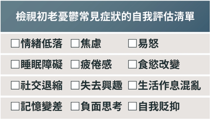 檢視初老常見症狀的自我評估清單。（圖片來源：《學老誌》）