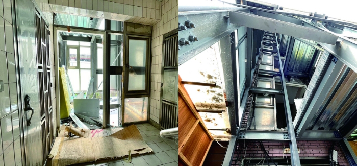 建築內部與鋼骨電梯：（左）外掛電梯不動原有梁柱結構、僅摘除外牆並增設電梯鋼骨結構；（右）除設地基外，鋼骨結構與公寓本體也緊緊鎖在一起。（圖片來源：《讓家照顧你的後半輩子》）