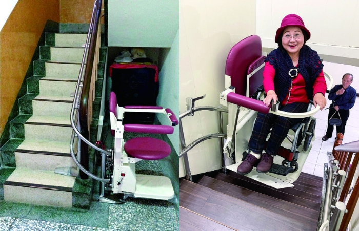 輪椅升降梯：也有輪椅可以直接使用的款式，不過樓梯寬度最小需85公分以上。（產品示範：騰城 圖片來源：《讓家照顧你的後半輩子》）
