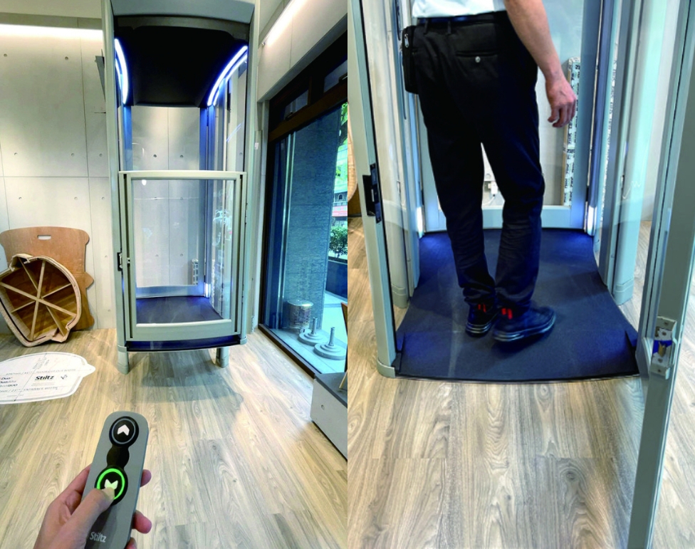 安全遙控＋斜坡設計：（左）跟樓梯升降椅一樣，都要持續按著按鈕，座艙才會啟動，只要一鬆開就會立刻停止：（右）座艙地板設計成斜坡，好讓輪椅方便進入。（產品示範：朔成家用小電梯 圖片來源：《讓家照顧你的後半輩子》）