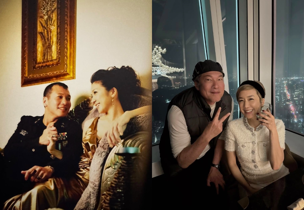 黃仲崑與Lulu攜手走過19年婚姻，左為當年的婚紗照，右為2026年結婚紀念日合影。（圖片來源：鋼鐵大叔愛露露FB、IG＠lulumiere216）